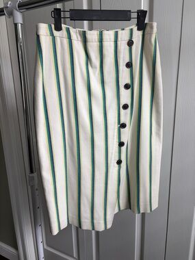 Halogen Cream Midi Skirt with Green, Blue & Yellow Stripes